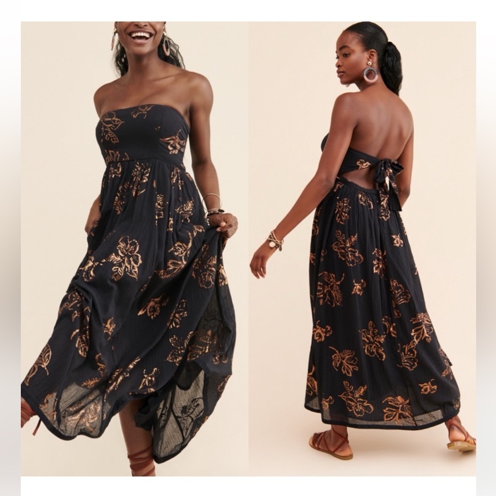 Free People Baja Babe Strapless Midi  Black Combo Copper Foil Sz   Ret $168 EUC - Picture 3 of 10